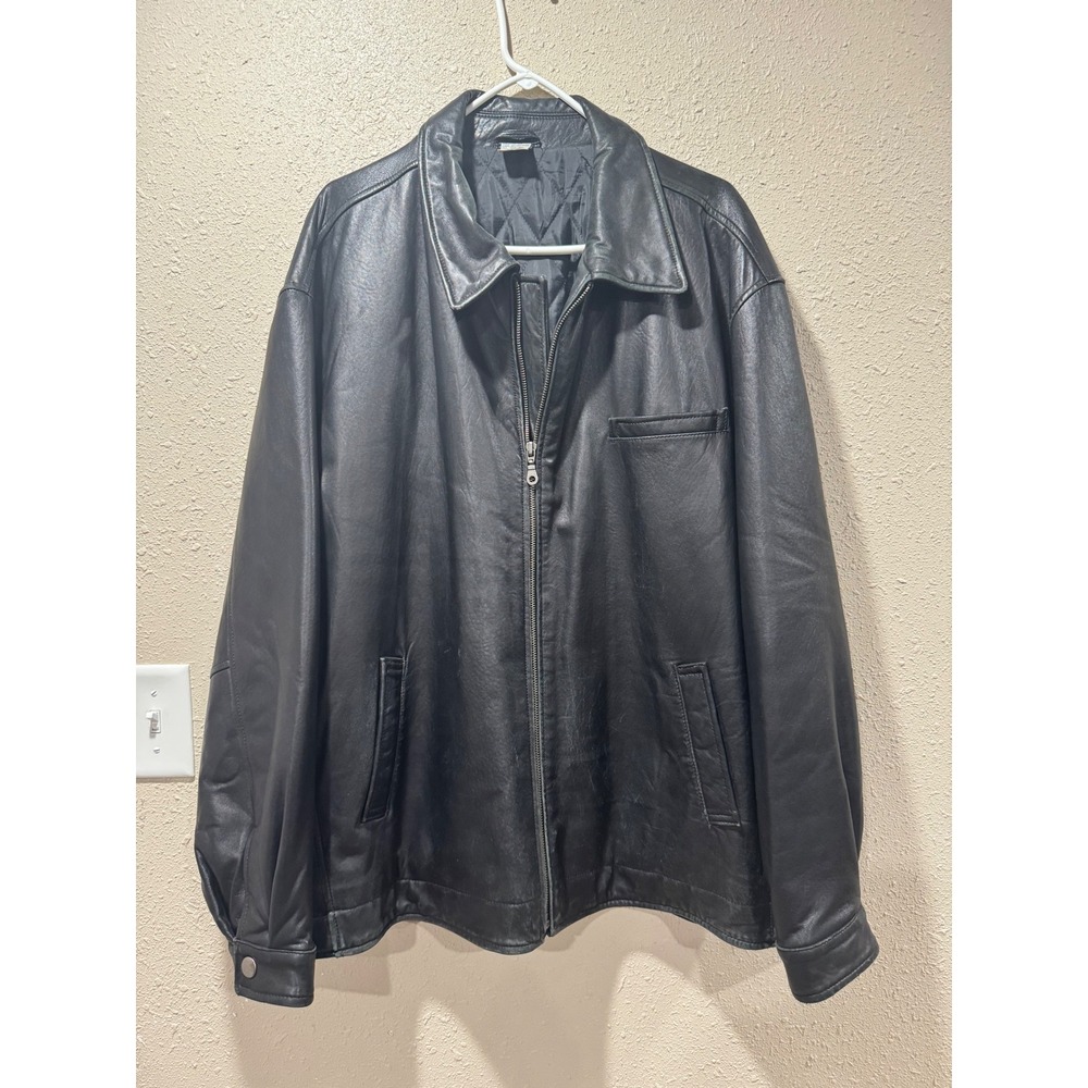Mens Black Leather Bomber Jacket Quilted Lining Full Zip Size XL INC-22963